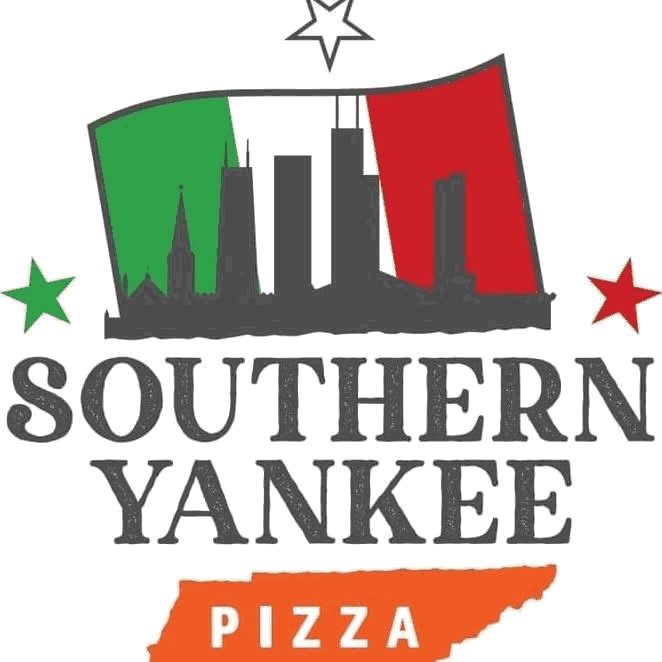 Southern Yankee Pizza — Chicago skyline over an Italian flag, Tennessee pizza badge